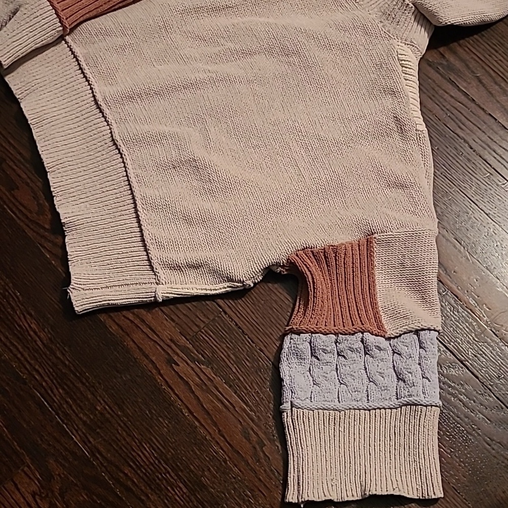 POL Color Block Multi-texture V-neck Knit Hooded Sweater Wmn L Oversized Slouchy - Picture 11 of 16